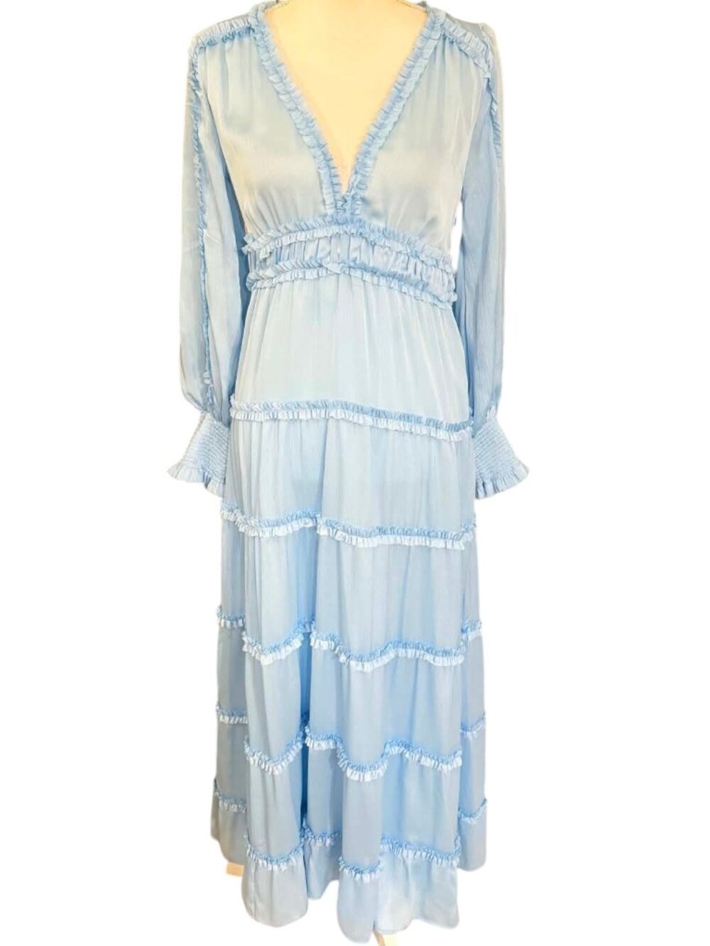 Chelsea & Violet Plisse Satin Ruffle Deep V-Neck Long Sleeve Sleeve Maxi Dress
